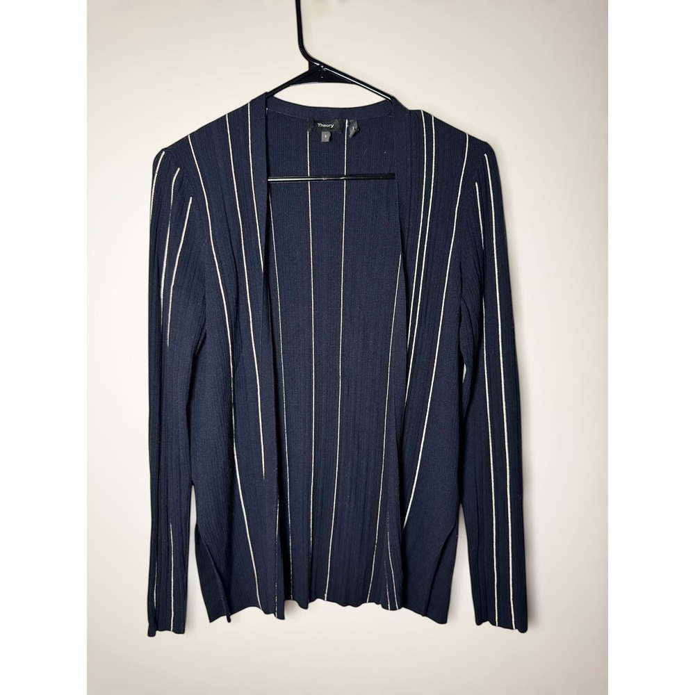 Theory Women Hankson Cardigan Prosecco Navy Striped Open Front Sweater‎ Size S